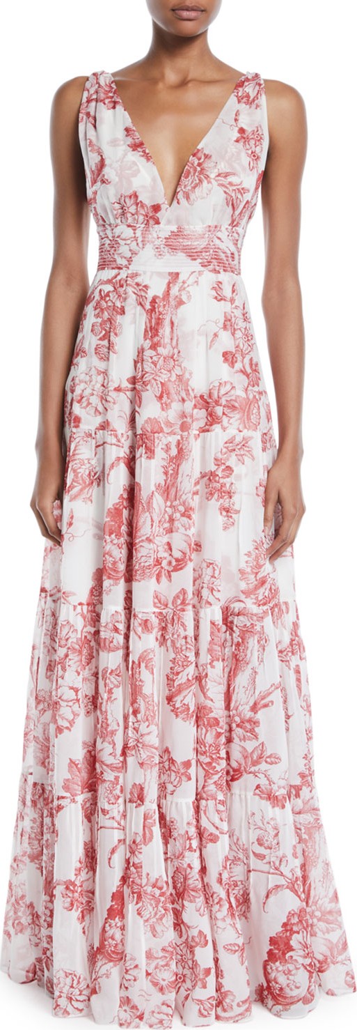 Oscar De La Renta V-Neck Sleeveless Toile-Print Silk A-Line Long Day Dress
