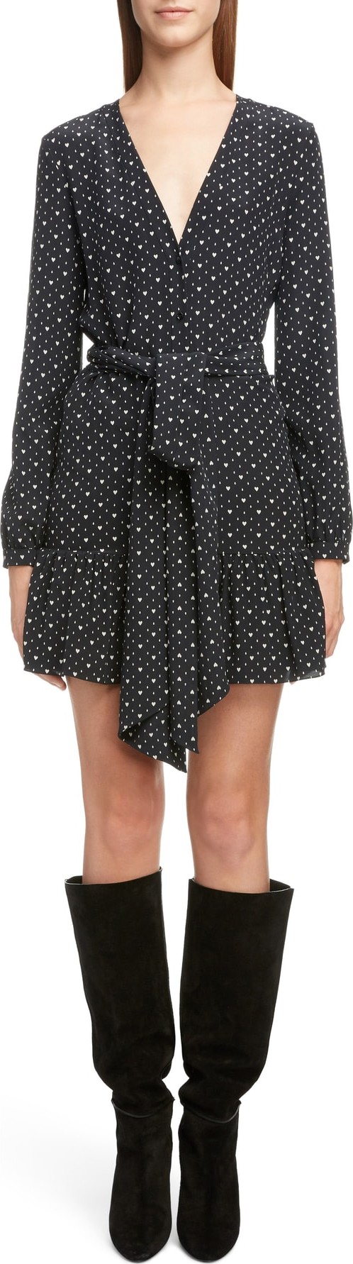 Saint Laurent Heart Print Tie Waist Silk Dress