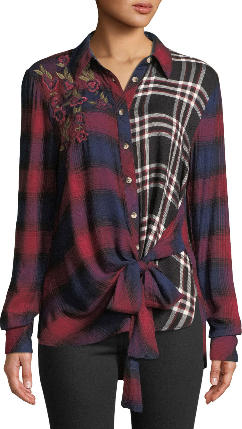 Tolani Carey Button-Front Long-Sleeve Tie-Front Mixed-Plaid Blouse w/ Floral-Embroidery