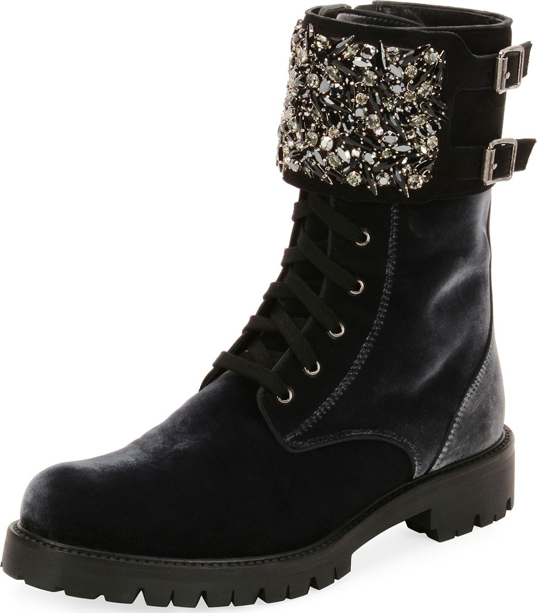 Rene Caovilla Velvet Combat Boot with Crystal Monk Strap