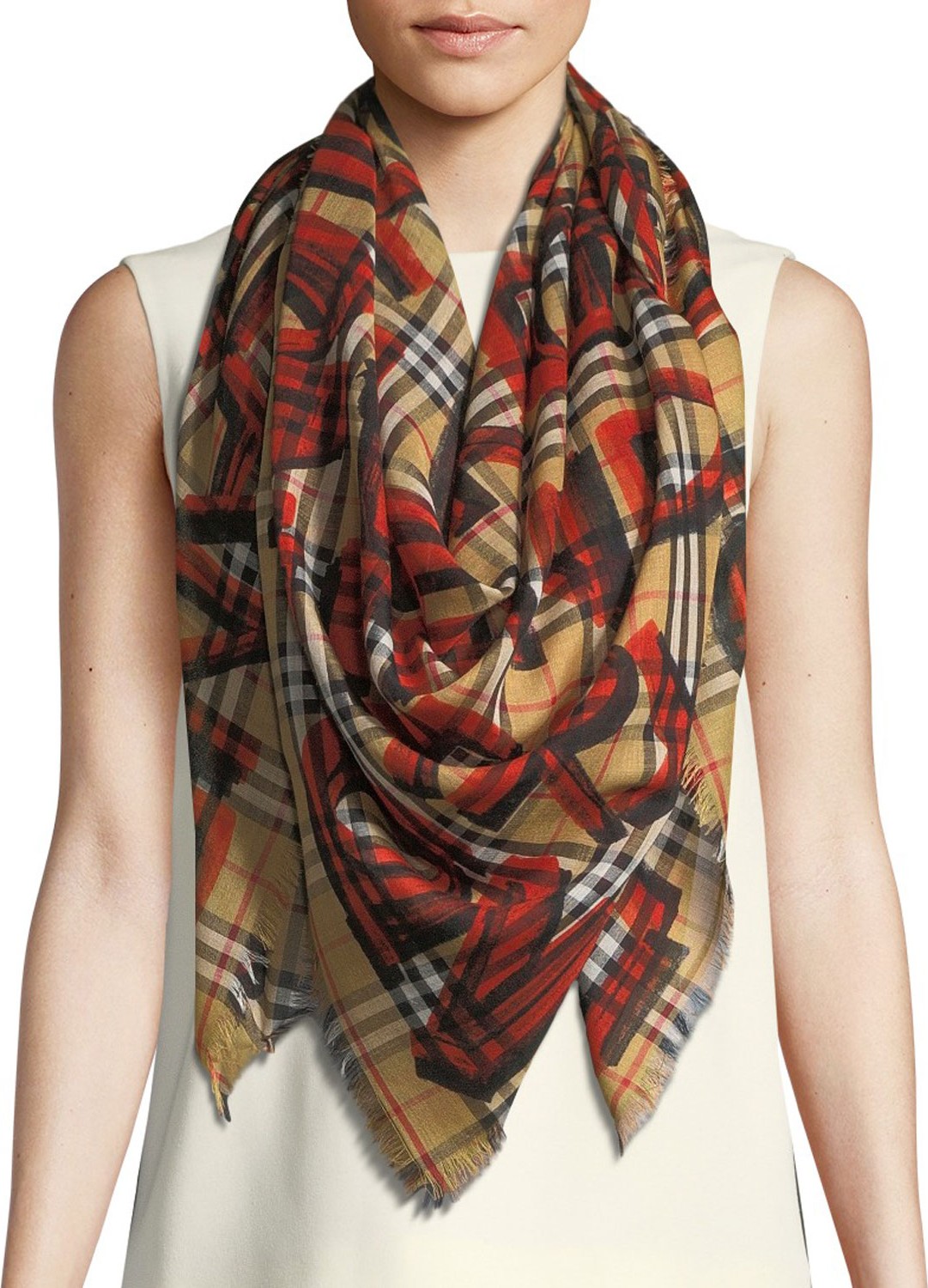 Burberry London England Graffiti-Print Check Wool-Silk Large Square Scarf