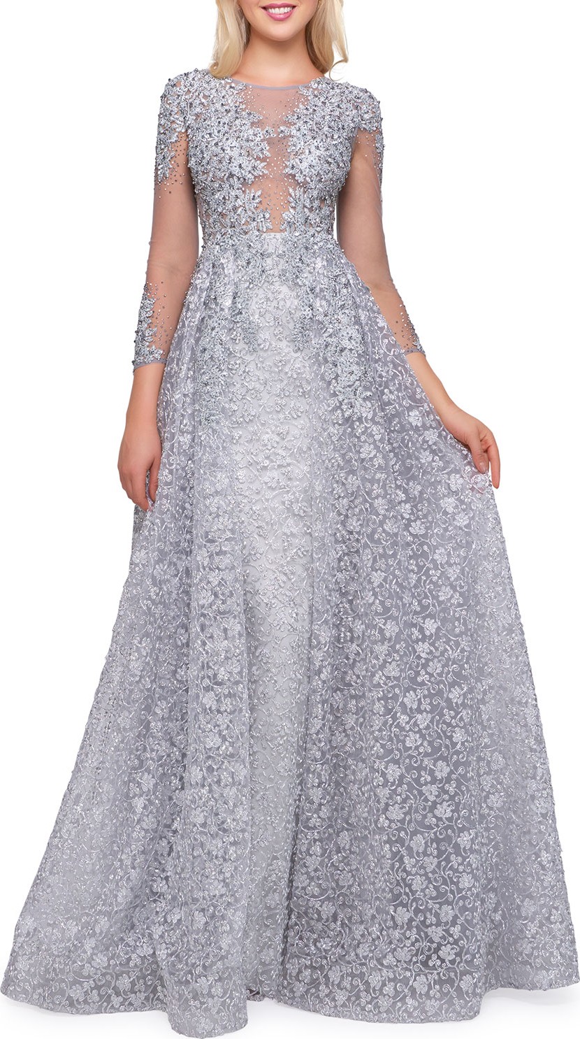 Mac Duggal Boat-Neck 3/4-Sleeve Illusion Gown with Lace Overlay