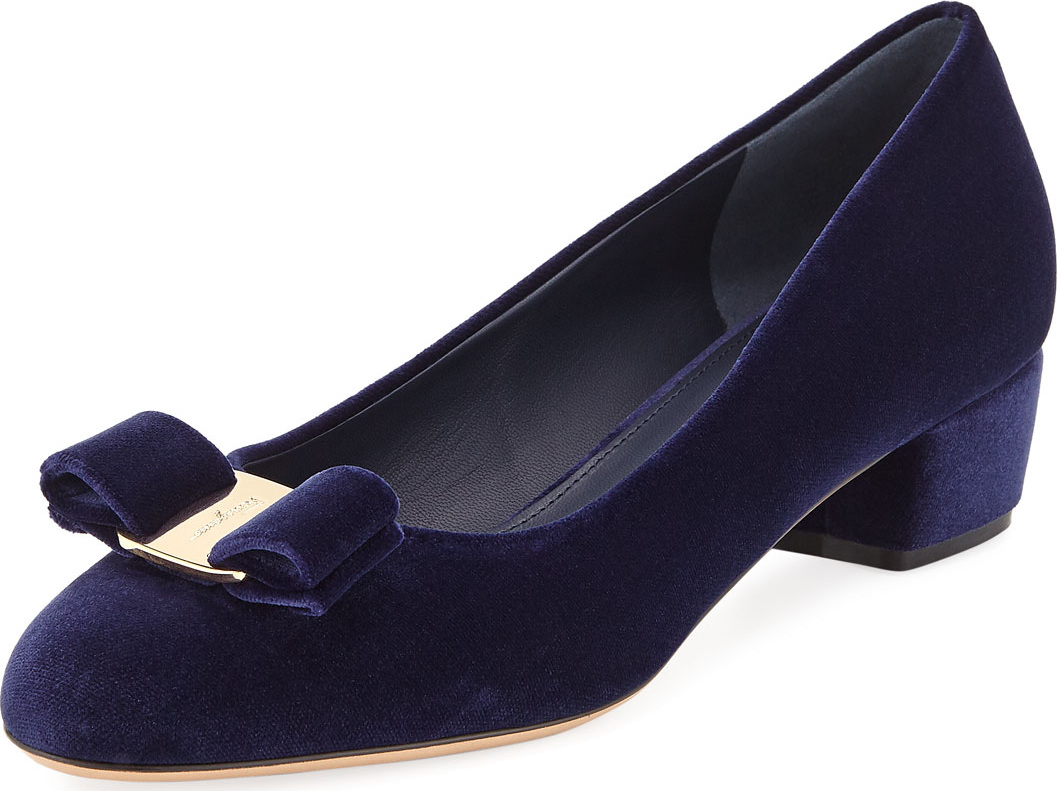 Salvatore Ferragamo Velvet Pumps with Vara Bow, Oxford Blue