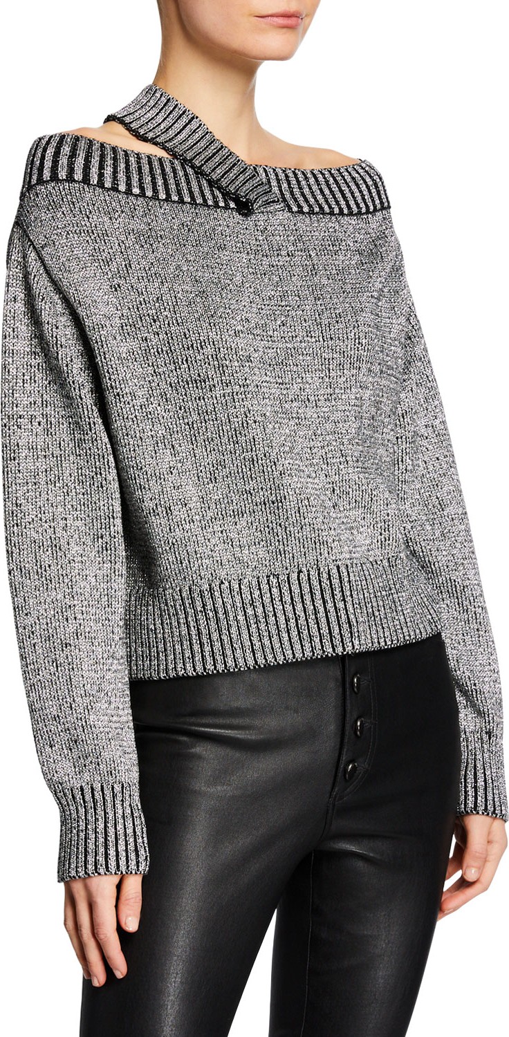 RtA Beckett Off-Shoulder Metallic Sweater