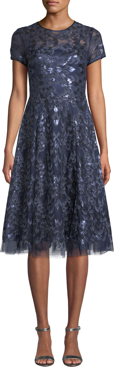 Rickie Freeman for Teri Jon Sequin Tulle Short-Sleeve A-Line Dress