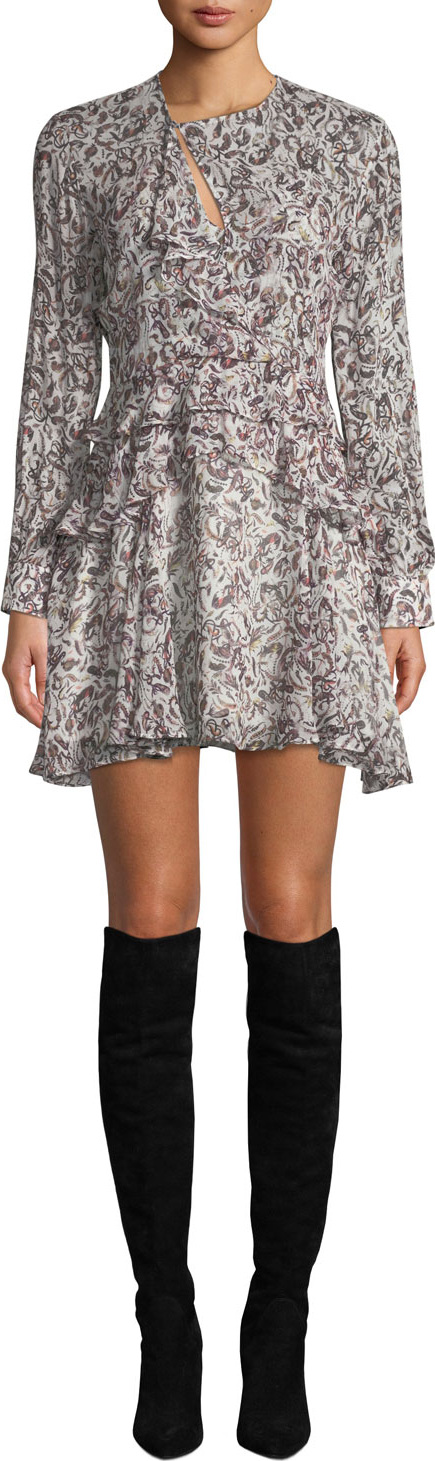 IRO Honess Printed Long-Sleeve Ruffle Mini Dress