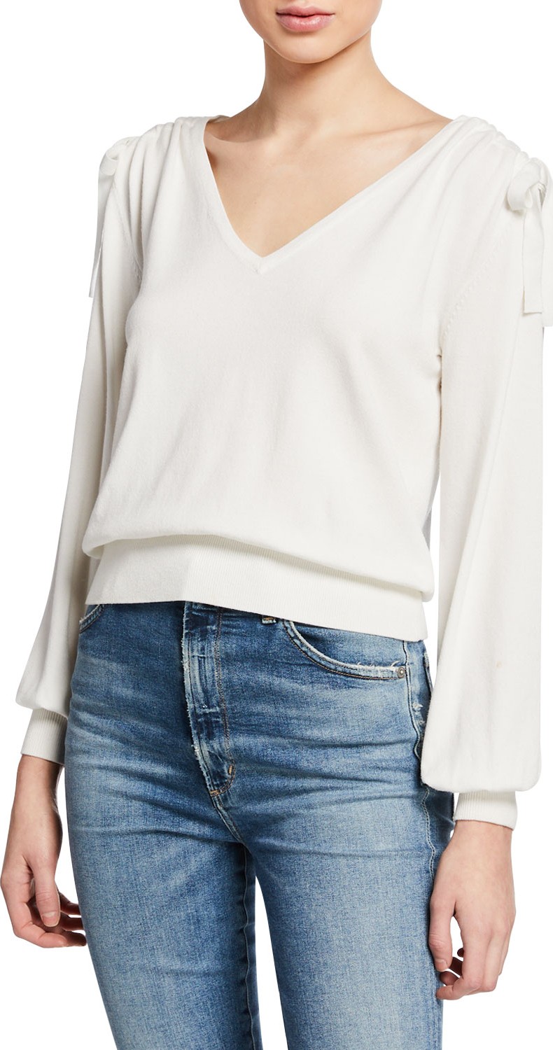 MILLY V-Neck Shirred-Shoulder Long-Sleeve Pullover