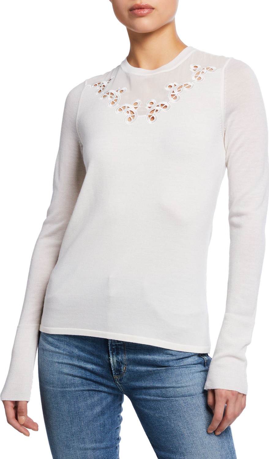 Elie Tahari Tali Crewneck Long-Sleeve Merino Wool Sweater with Mesh Inset