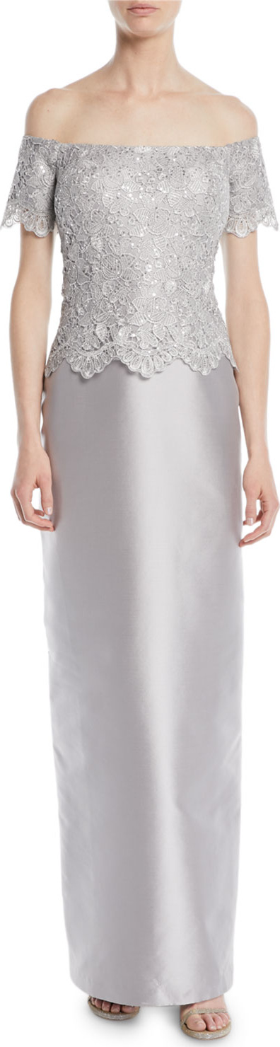 Rickie Freeman for Teri Jon Gazar & Metallic Lace Off-the-Shoulder Column Gown