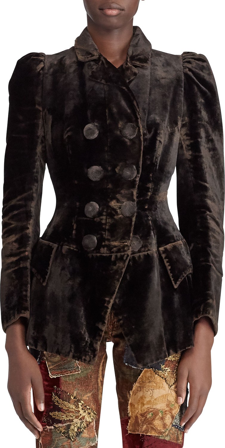 Ralph Lauren 50th Anniversary Bettie Double-Breasted Velvet Jacket w/ Puff-Sleeves Ralph Lauren 50th Anniversary Bettie Double-Breasted Velvet Jacket w/ Puff-Sleeves