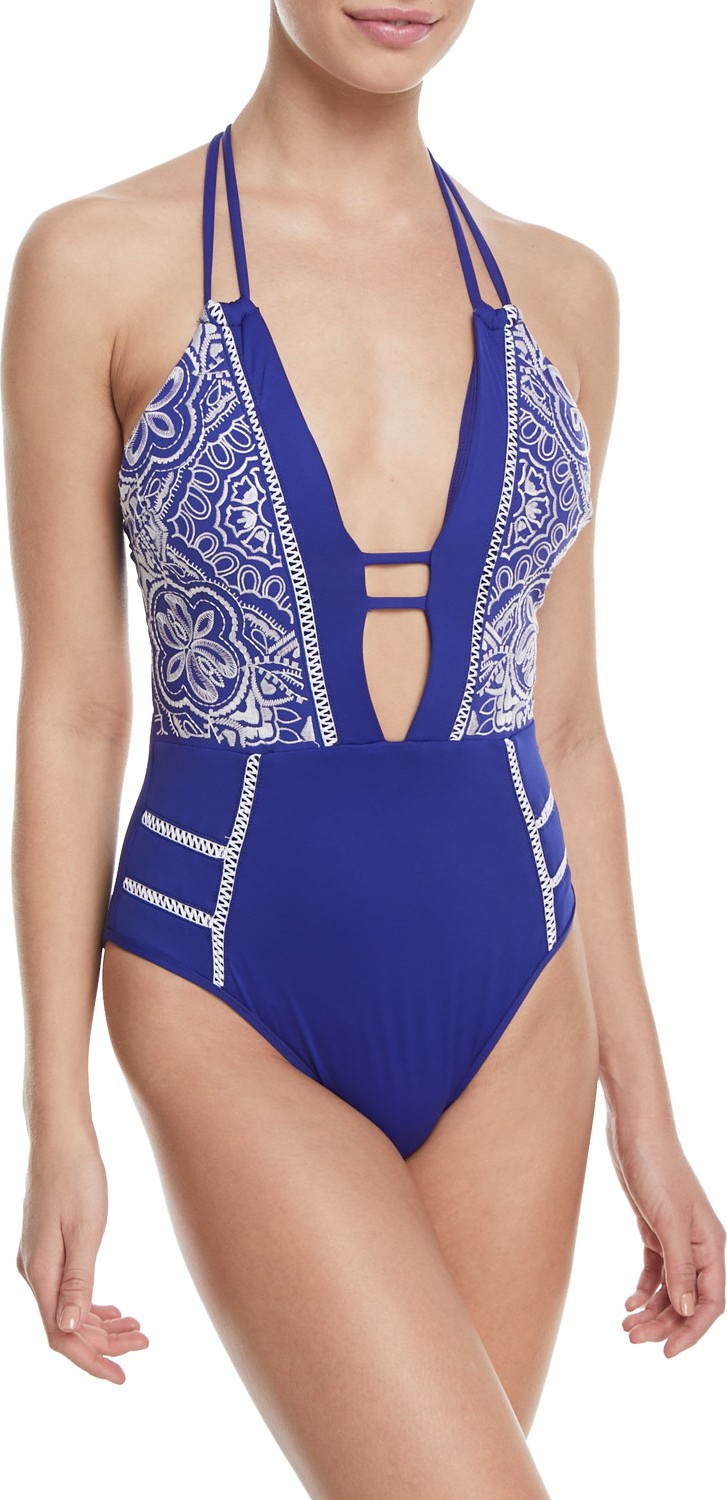 Nanette Lepore Portofino Goddess Plunging Embroidered One-Piece Swimsuit