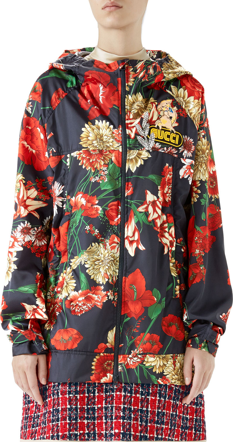 Gucci Zip-Front Hooded Spring Floral-Bouquet Print Nylon Jacket w/ Logo Patch