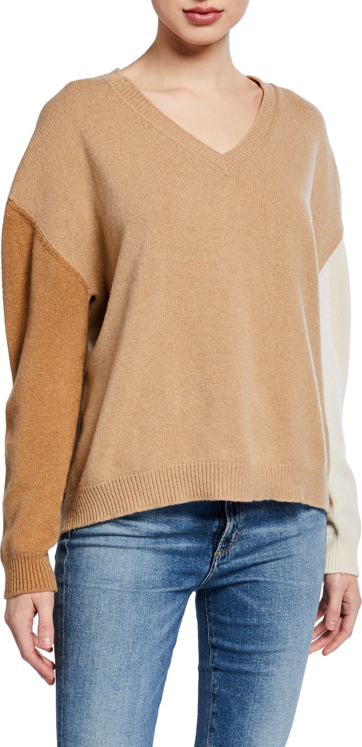 Majestic Tricolor V-Neck Long-Sleeve Sweater