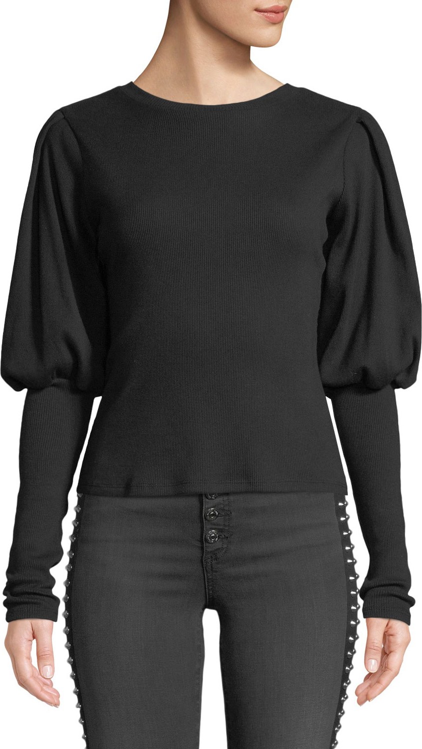 Veronica Beard Lyon Ribbed Bishop-Sleeve Crewneck Top