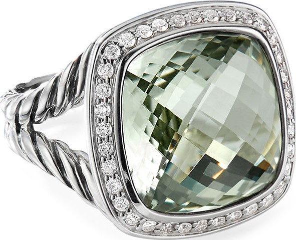 David Yurman 14mm Albion Prasiolite & Diamond Ring, Size 5