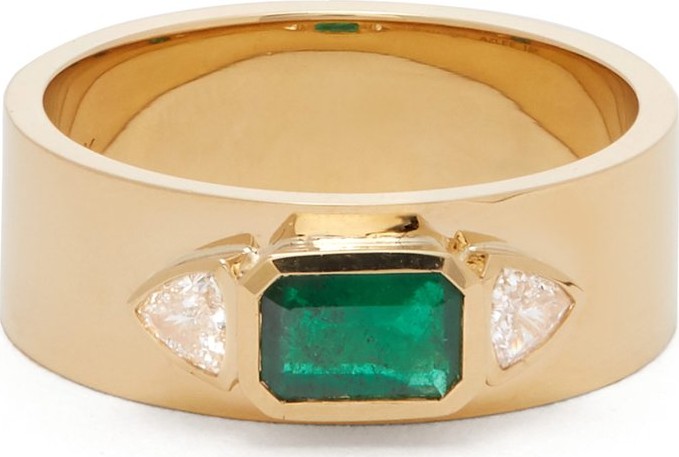 Azlee NESW emerald, diamond & 18kt gold ring