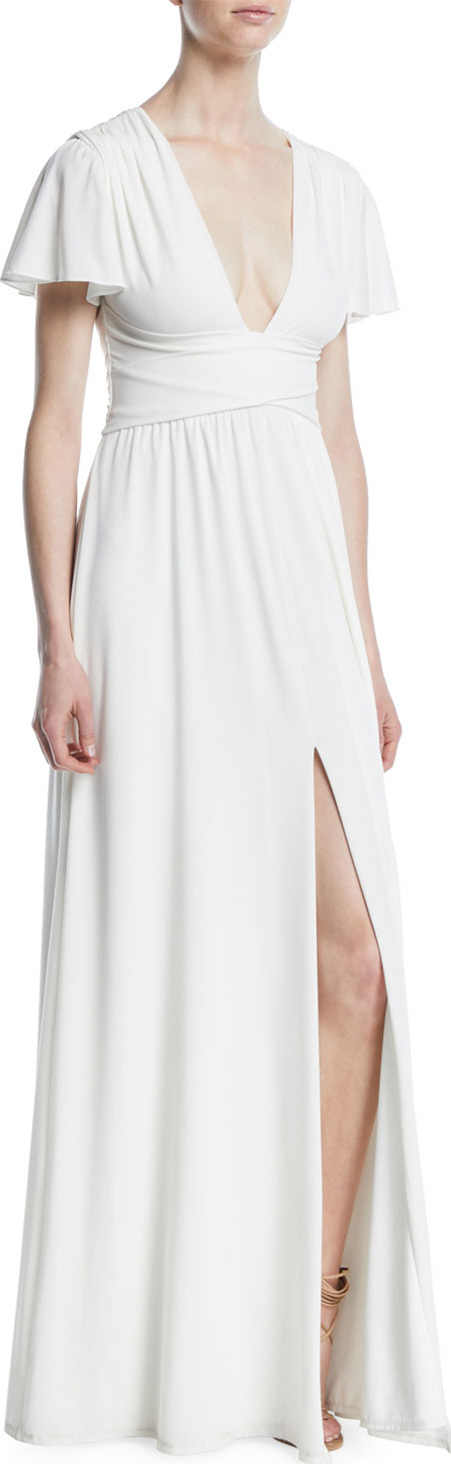 HALSTON HERITAGE Jersey Flutter-Sleeve Wrap Gown