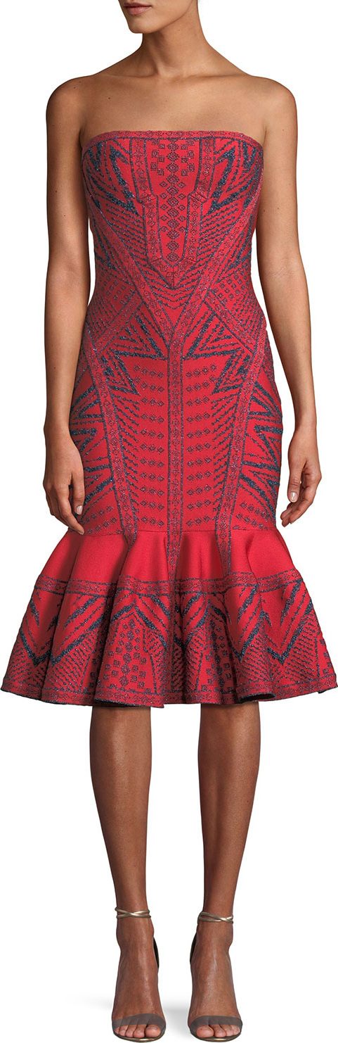 Herve Leger Strapless Geometric-Metallic Jacquard Cocktail Dress w/ Flounce Hem