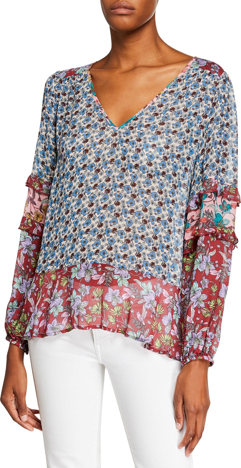Johnny Was Rashida Mixed Print V-Neck Georgette Top