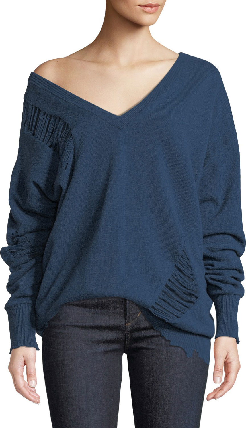 Helmut Lang Wide V-Neck Distressed Wool Pullover Sweater