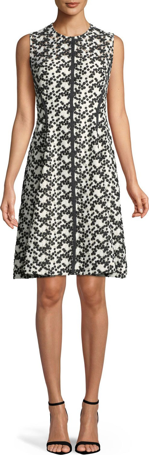 Lela Rose Dotted Floral-Lace Fit-and-Flare Dress