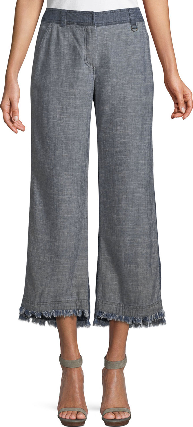 Trina Turk Ontario Frayed Pants in Crosshatch Chambray