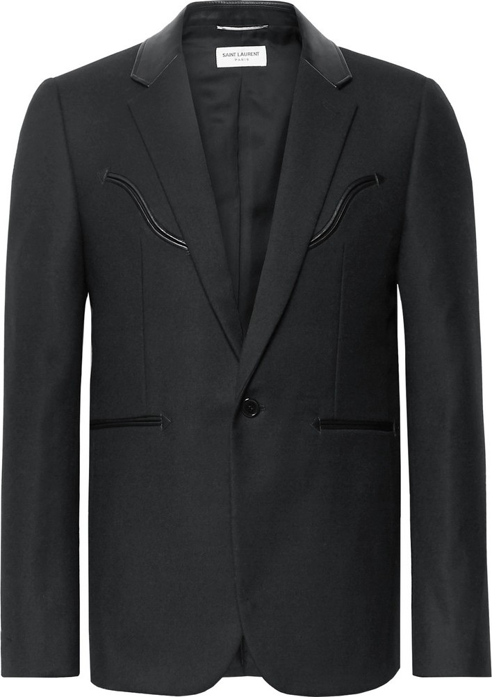 Saint Laurent Black Slim-Fit Leather-Trimmed Wool Blazer