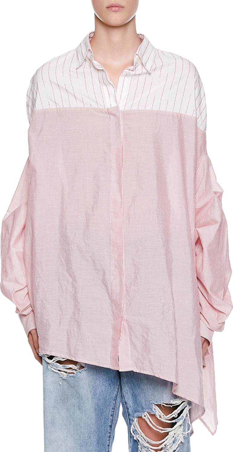 Unravel Asymmetric Two-Tone Hybrid Stripe Poplin Blouse