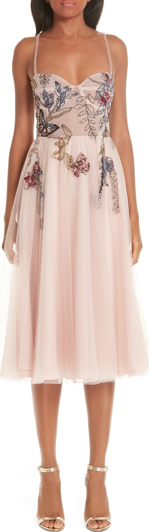 Patbo Beaded Floral Bustier Tea Length A-Line Dress