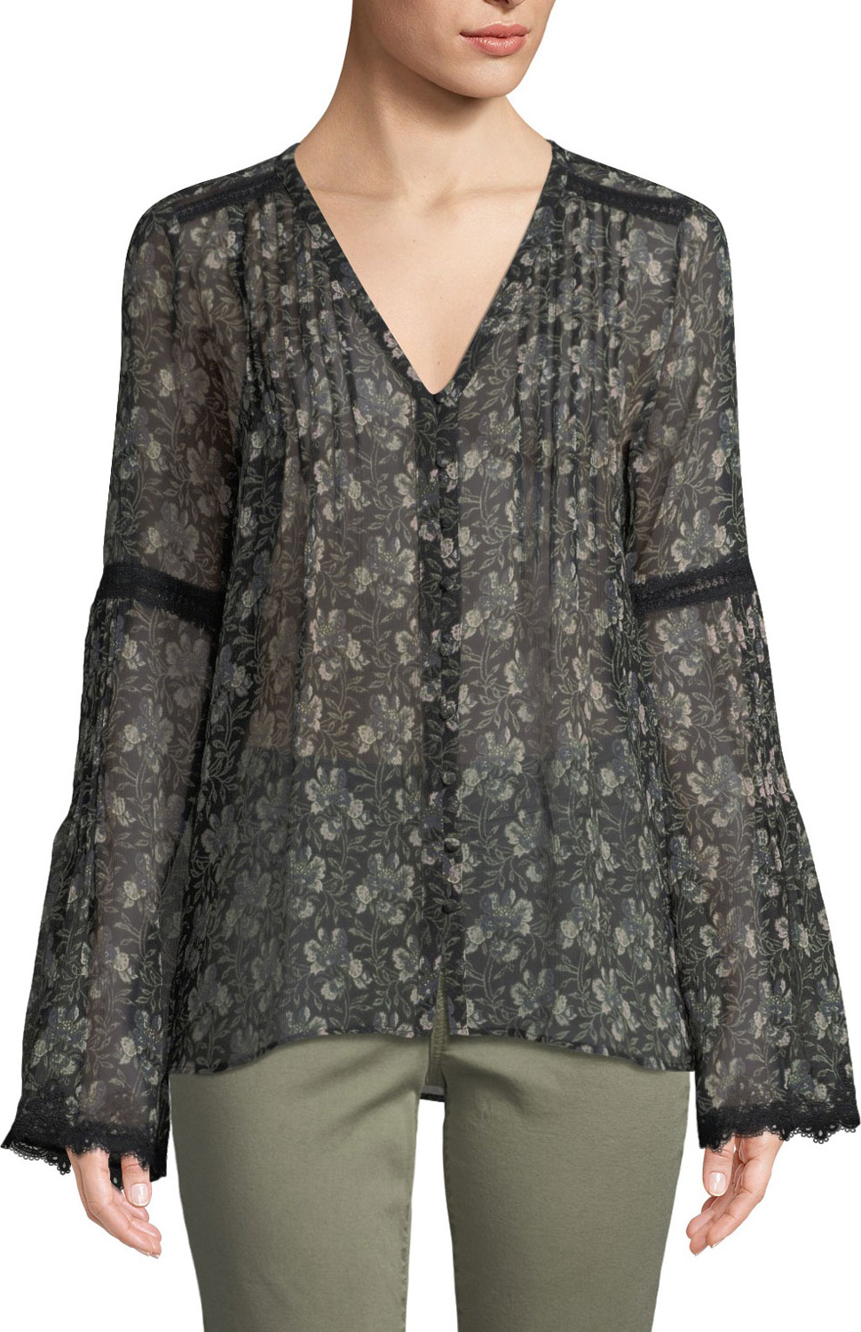 PAIGE Clio V-Neck Bell-Sleeves Floral-Print Sheer Silk Blouse w/ Lace
