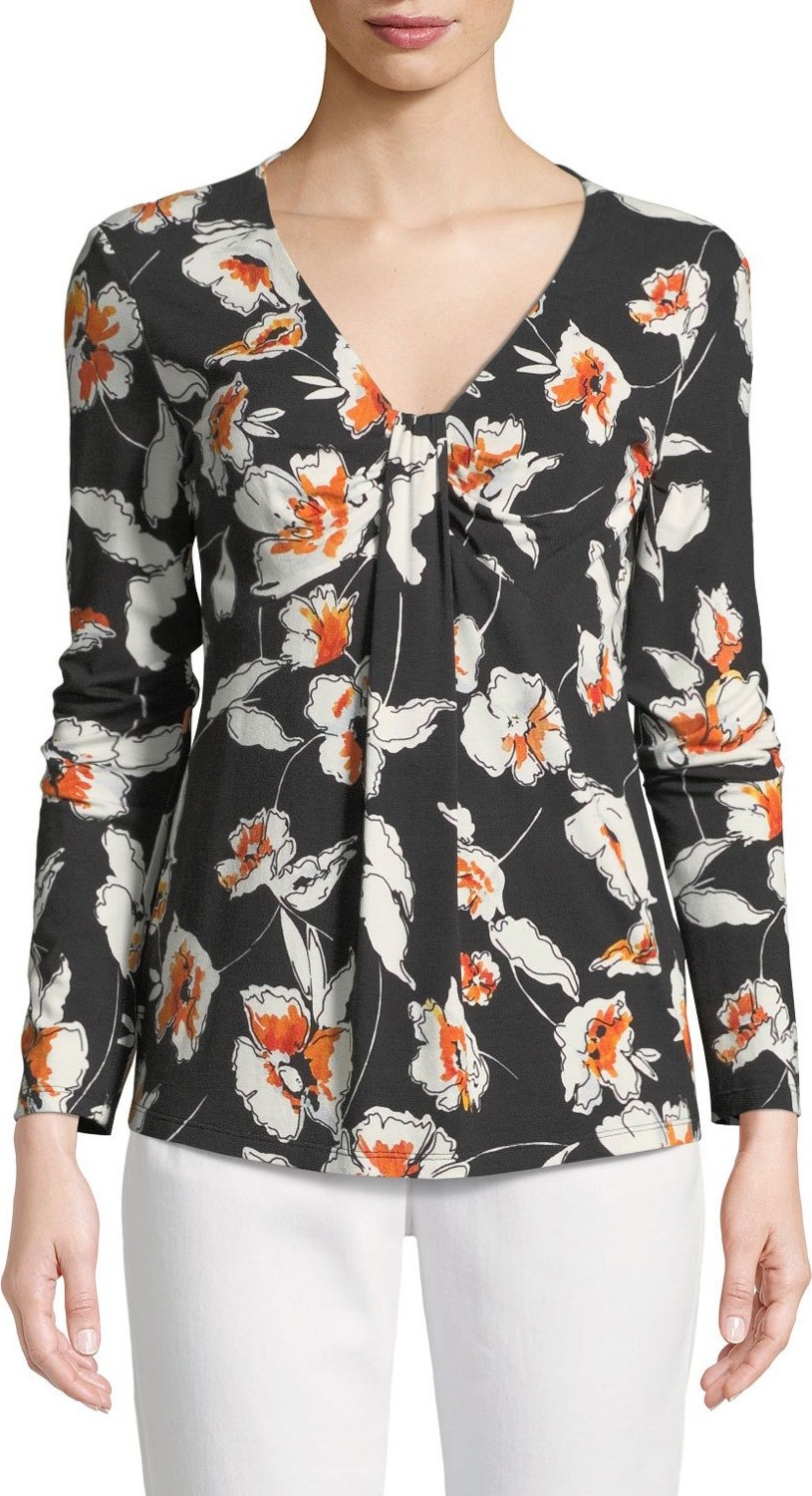 St. John Modern Floral Jersey V-Neck Long-Sleeve Tee