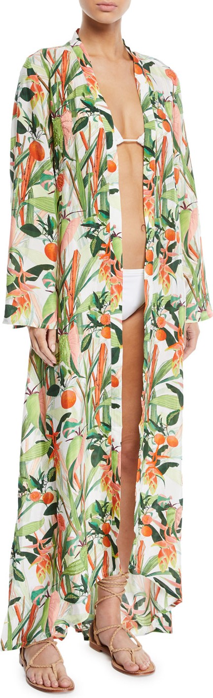 VERANDAH Beaded Botanical-Print Long Kimono