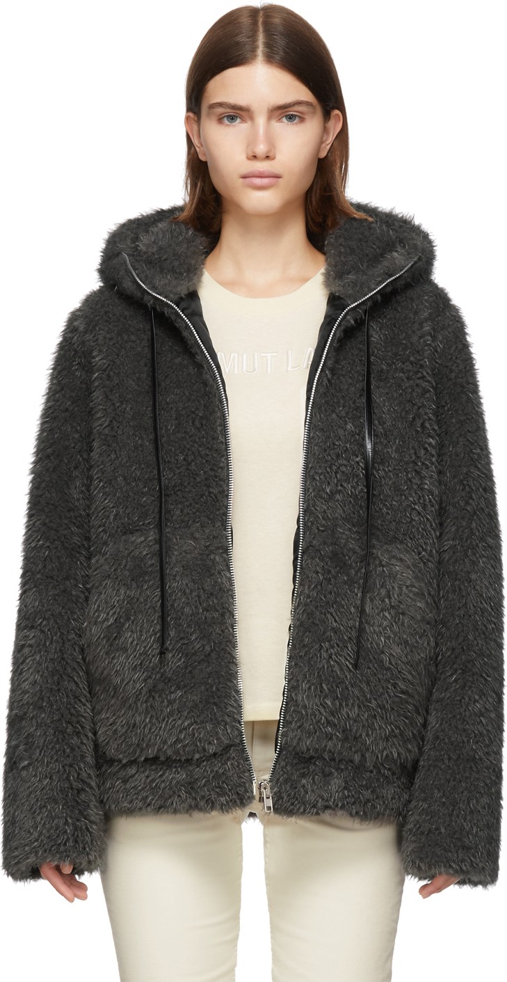Helmut Lang Grey Faux-Fur Shaggy Bomber Jacket