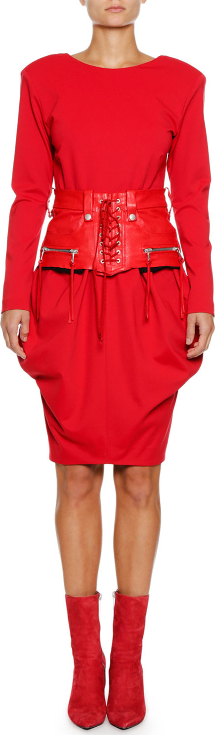 Unravel Lace-Up Leather-Corset Long-Sleeve Dress