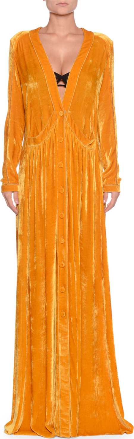 Bottega Veneta Deep-V Button-Front Long-Sleeve Draped Velvet Long Dress w/ Self Belt