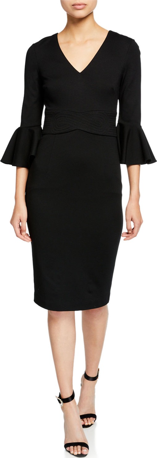 Trina Turk Begonia V-Neck Trumpet-Sleeve Ponte Dress