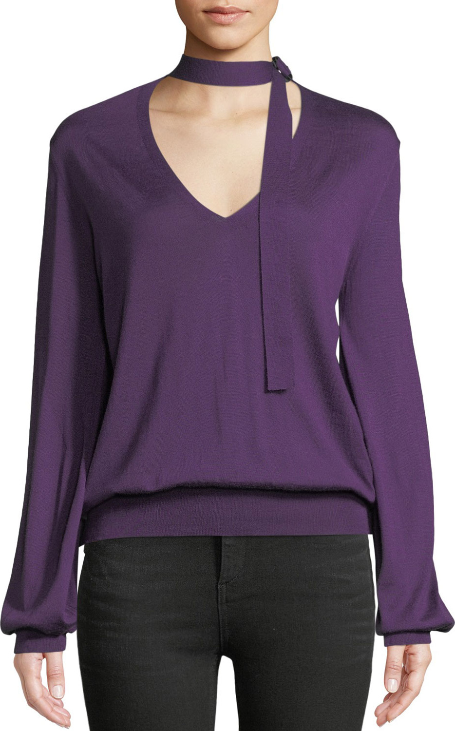 TOM FORD V-Neck w/ Ties Blouson Long-Sleeve Cashmere-Silk Knit Top