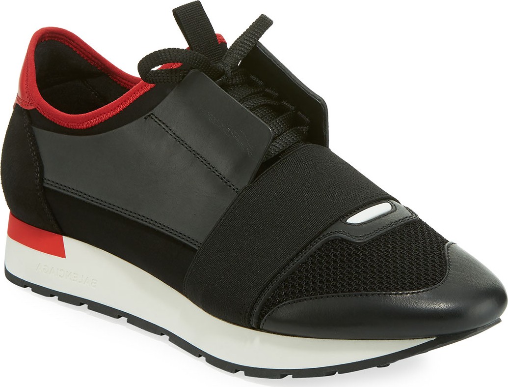 Balenciaga Men's Race Runner Mesh & Leather Sneakers, Black/Red Balenciaga Men's Race Runner Mesh & Leather Sneakers, Black/Red