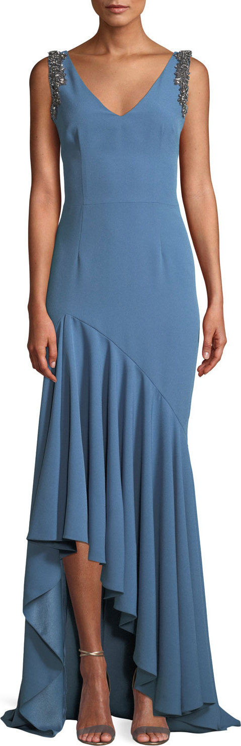 David Meister Crepe V-Neck Gown w/ Beaded Straps