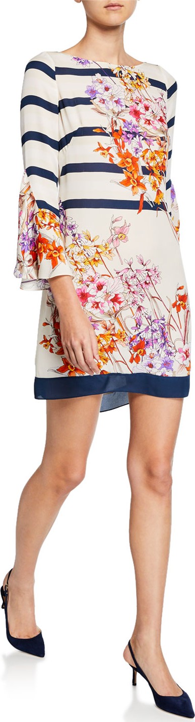 Elie Tahari Ula Striped & Floral-Print Bateau-Neck Shift Dress Elie Tahari Ula Striped & Floral-Print Bateau-Neck Shift Dress