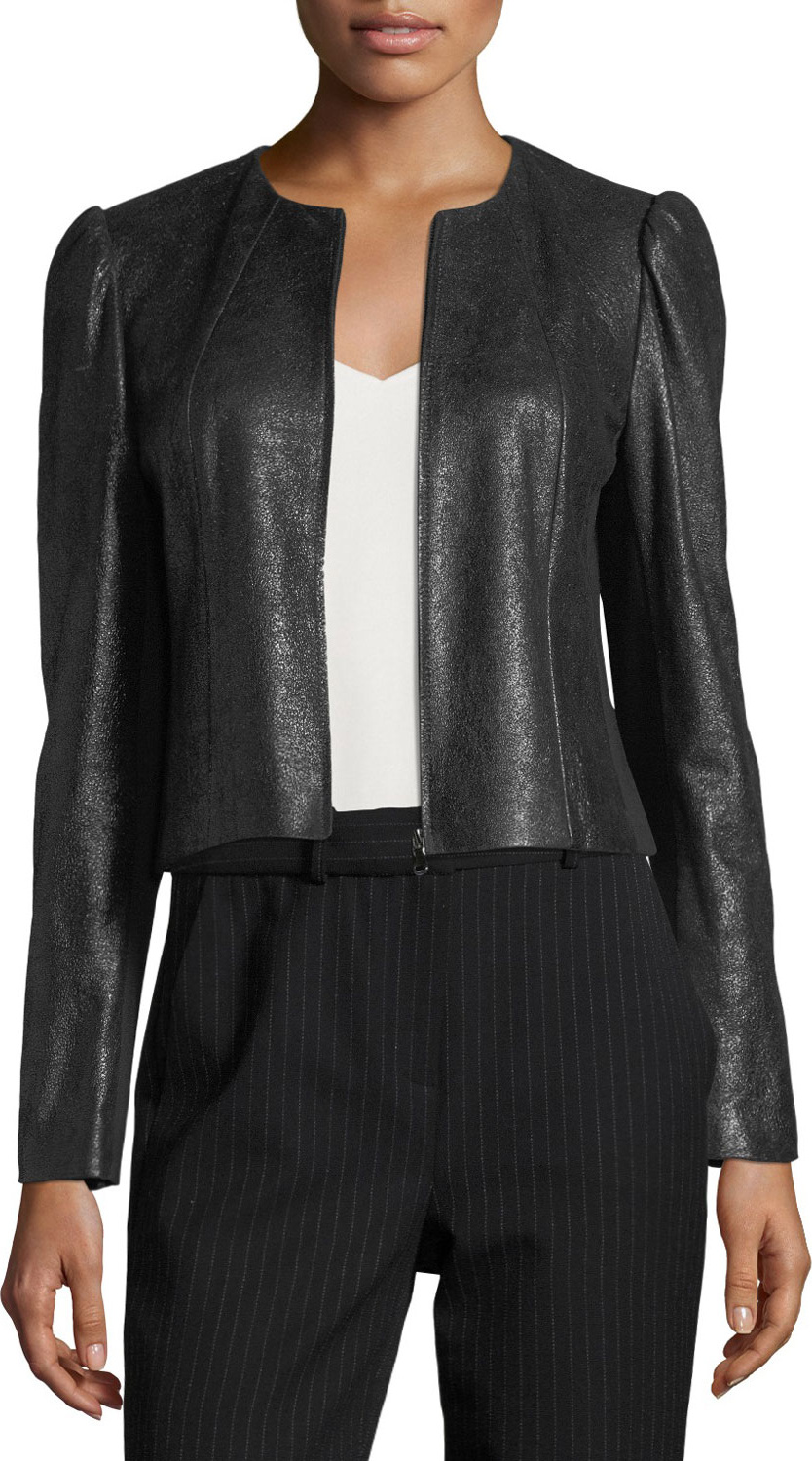 Rebecca Taylor Crackle Zip-Front Pebble Leather Jacket