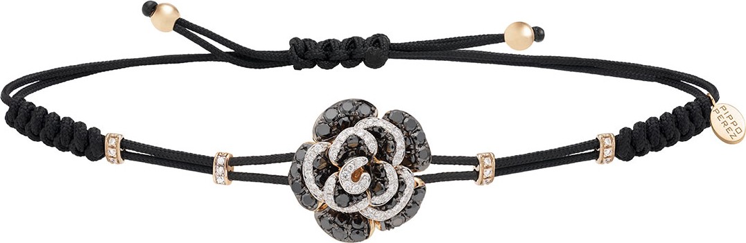 Pippo Perez Pull-Cord Bracelet with Black & White Diamond Rose in 18K White Gold