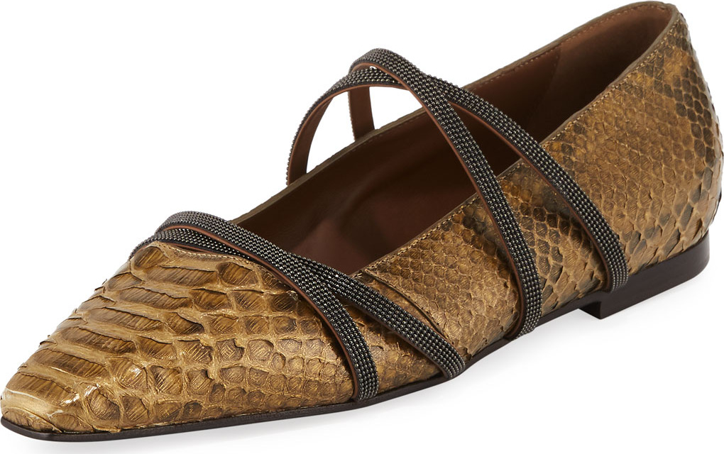 Brunello Cucinelli Metallic Python Monili-Strap Skimmer Flat