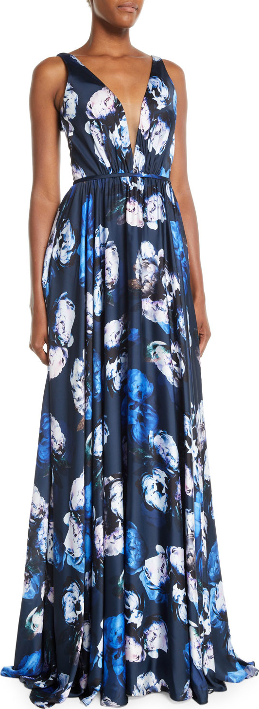 Theia Sleeveless Digital Floral-Print Charmeuse Gown