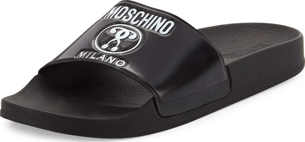 Moschino Double Question Mark Logo Rubber Slide Sandal, Black