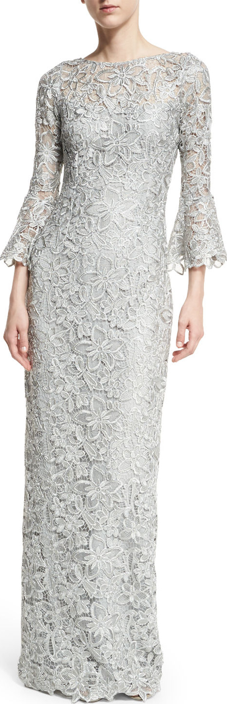 Rickie Freeman for Teri Jon Bell-Sleeve Floral Lace Column Gown