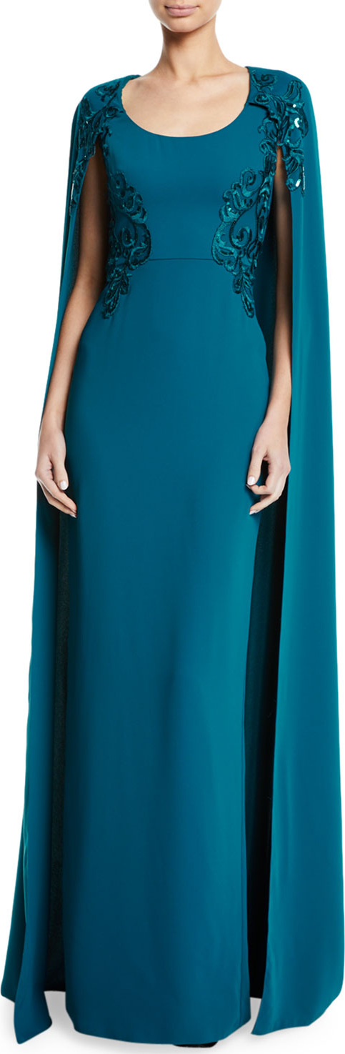 Marchesa Notte Embroidered Scoop-Neck Cape Gown