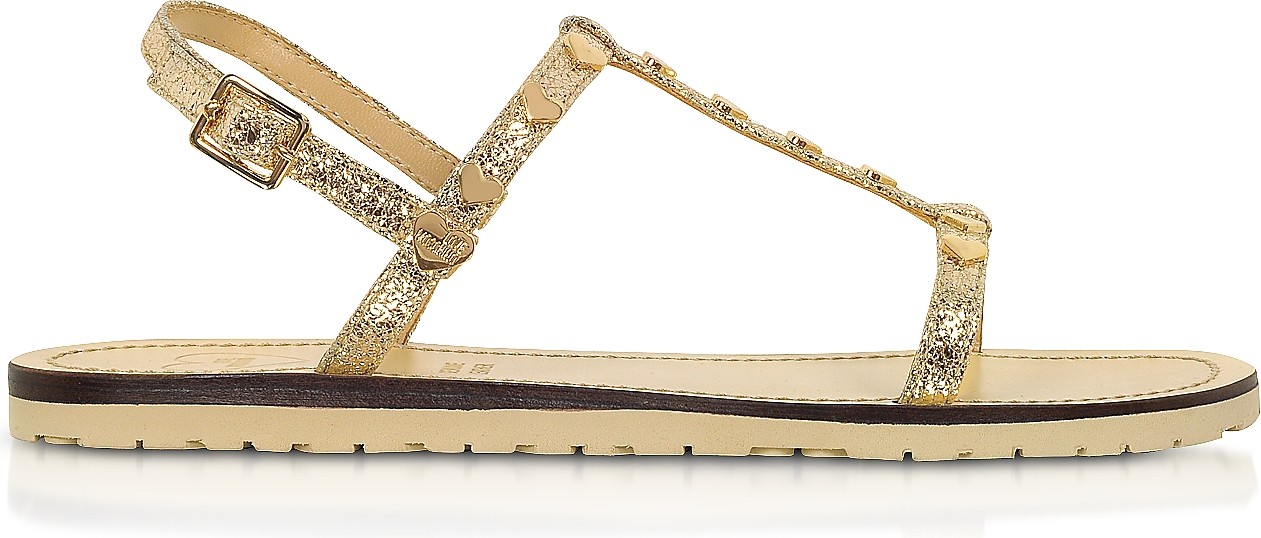 Love Moschino Craquelé Laminated Platinum Flat Sandals