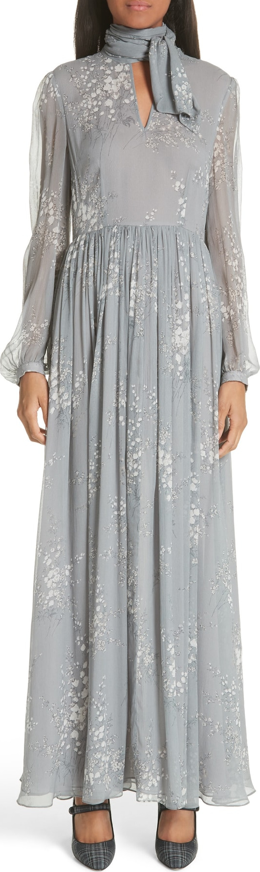 Co Floral Print Crinkle Chiffon Tie Neck Dress