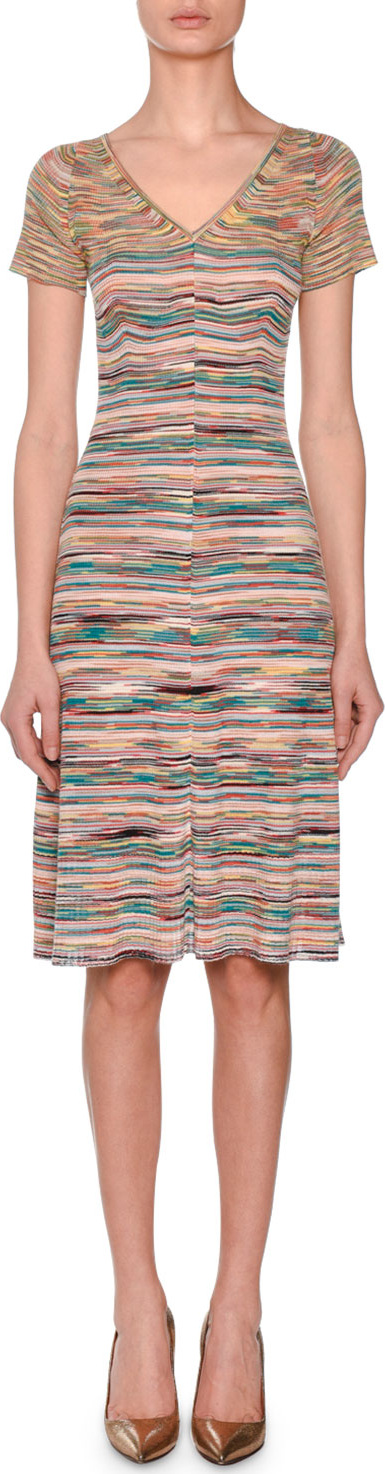 Missoni V-Neck Short-Sleeve Striped Space-dye Dress